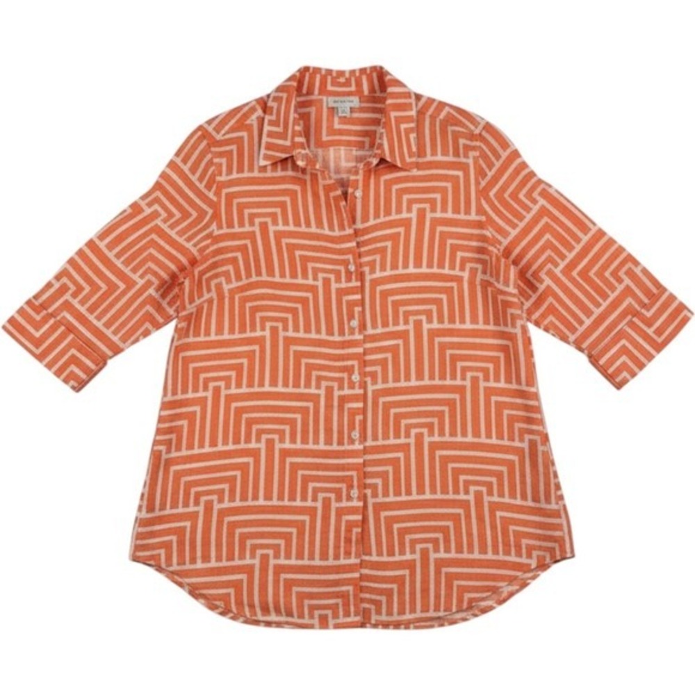Chicos‎ No Iron Linen Tunic Orange White Geometric Maze Button Back Top Size 2